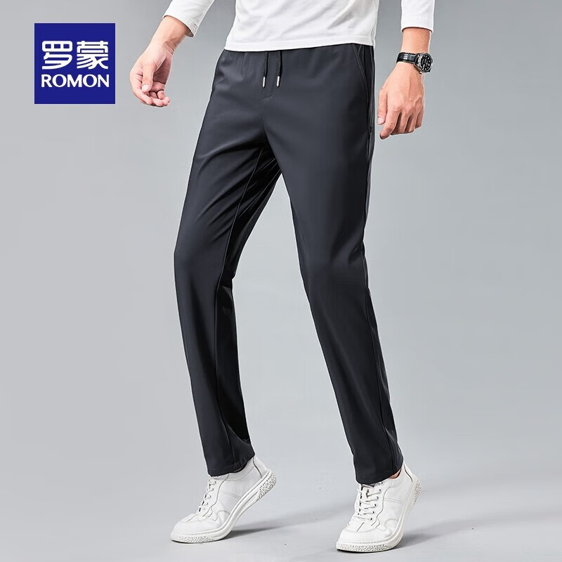 罗蒙直筒休闲裤中青年男士休闲商务时尚百搭免烫四面弹裤子 深灰 XL (180) 建议130-150斤