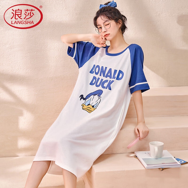 浪莎睡裙女夏天纯棉短袖薄款夏季可爱睡衣大码长款家居服 卡通扁嘴鸭