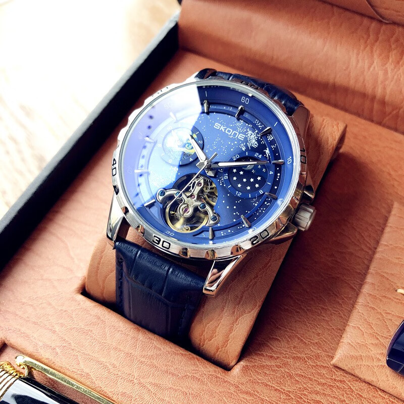 日月星辰男士潮流机械表手表男飞轮镂空防水时尚男腕表 蓝色魅影星空
