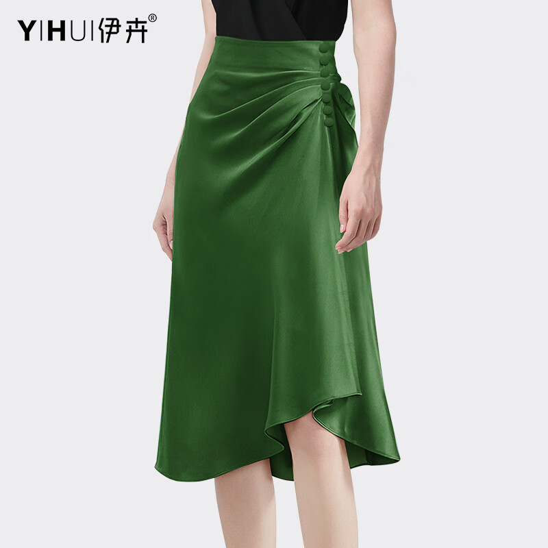 伊卉欧货夏缎面半身裙女中长款自然腰a字裙设计感不规则大摆裙气质优雅SN2576 绿色 XL
