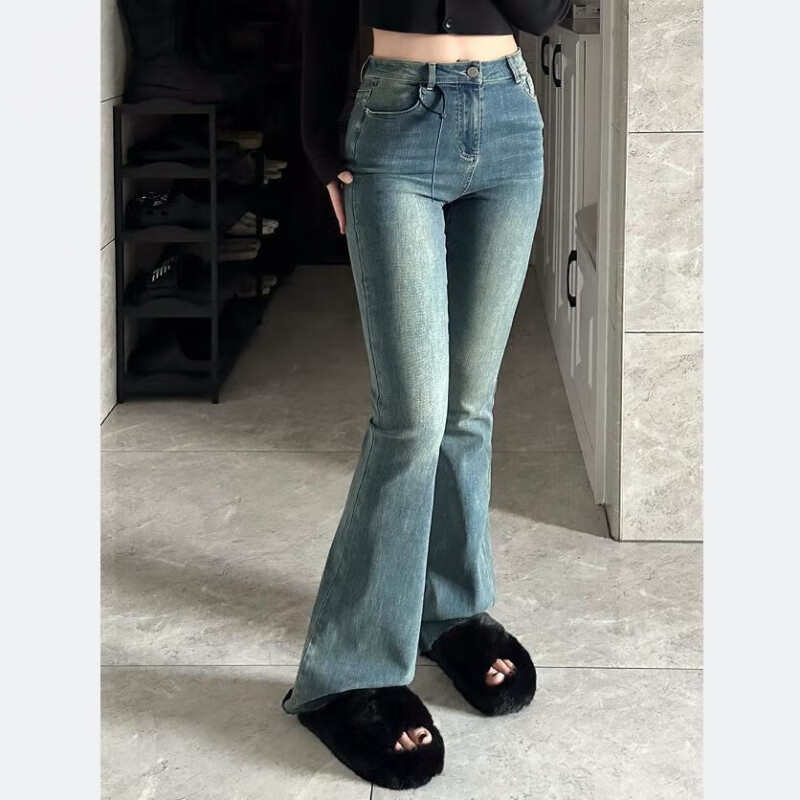 汇诗尚显瘦气质300斤特大码显瘦喇叭裤微喇裤子小个子胖妹妹mm粗腿弹力 复古蓝 6XL230280斤