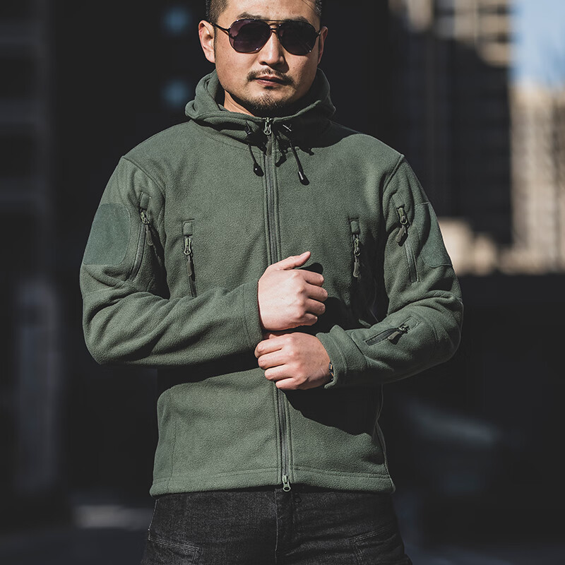 唤龙 冬季抓绒衣男拉链开衫连帽外套加厚防风防寒保暖冲锋运动外套 绿色 M