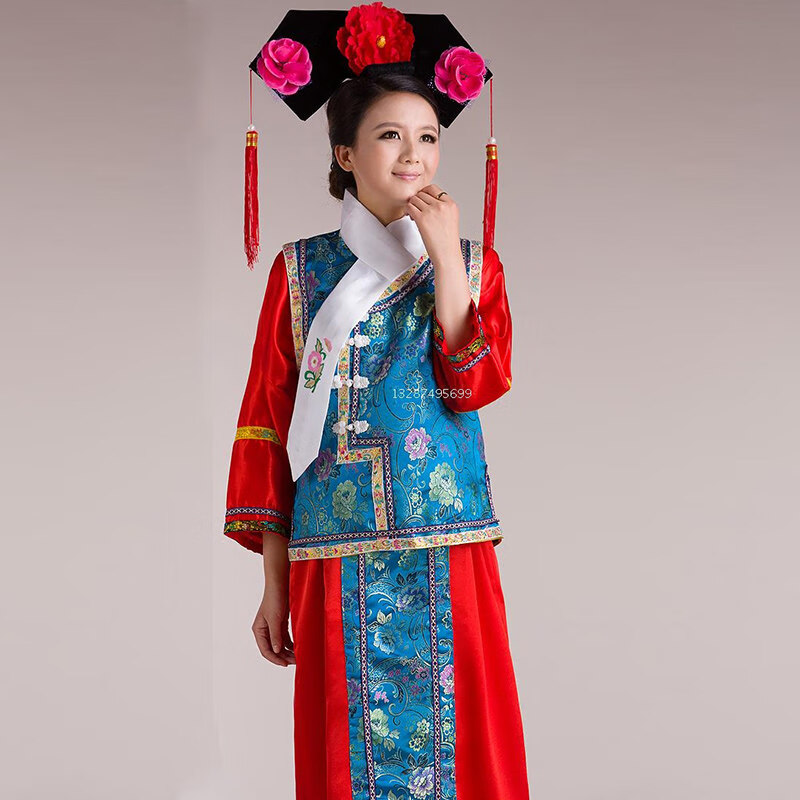 清朝古装装妃子女宫廷满族娘娘旗装表演服 蓝马甲红裙 小码 身高152