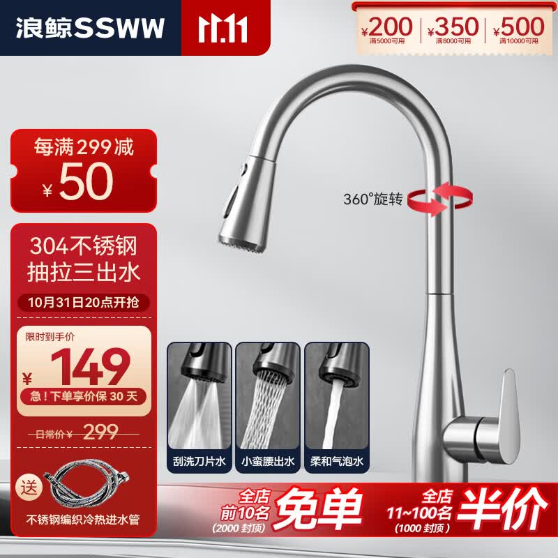 浪鲸（SSWW）厨房用304不锈钢厨房龙头冷热抽拉式龙头洗碗盆洗菜盆 TV1 【抽拉款】304不锈钢-拉丝使用感如何?