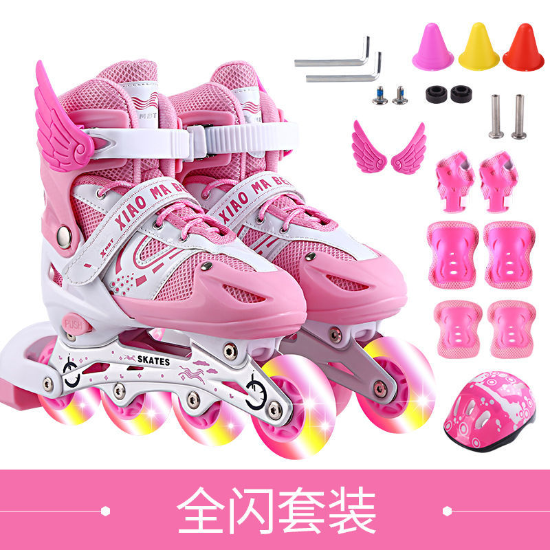 溜冰鞋套装男女旱冰轮滑鞋直排轮可调3-4-5-6-8-10岁初学者 粉色闪套装 M中号(33-37码)可以调节大小