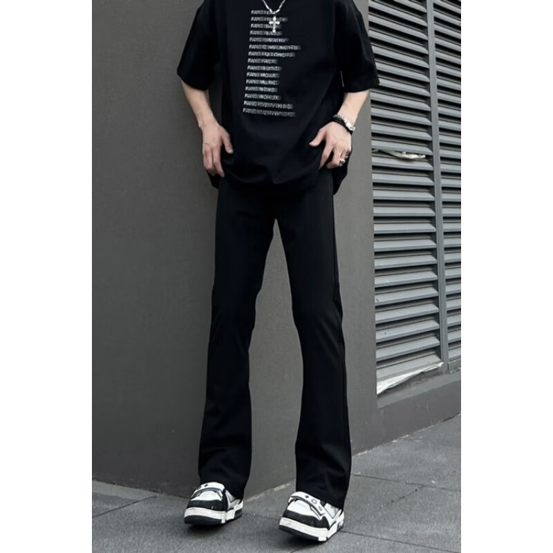 男士紧身裤显身材美式高街vibe黑色微喇牛仔裤男春秋直简修身显瘦