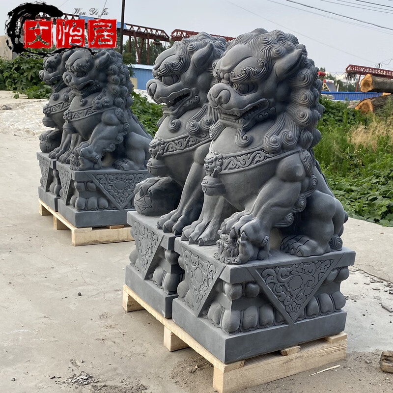 良然   天然青石石狮子一对大门口看门摆件别墅祠堂摆放石雕石墩