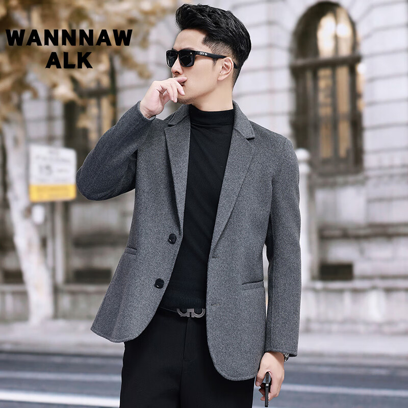 WANNNAWALK奢侈男装新款双面毛呢大衣男士秋冬高档羊毛呢子商务休闲单西外套 灰色 XL
