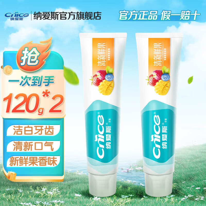 纳爱斯纳爱斯牙膏盐白鲜果冰菊 口气清新护龈固齿劲爽薄荷多效家庭牙膏 【多只更划算】120g*2支清新鲜果