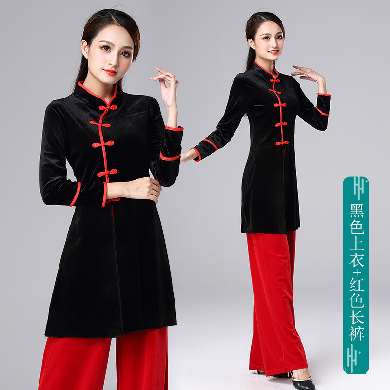 goyn秋冬款广场舞服装套装韩国绒古典舞服团队表演两件套装 1919黑色