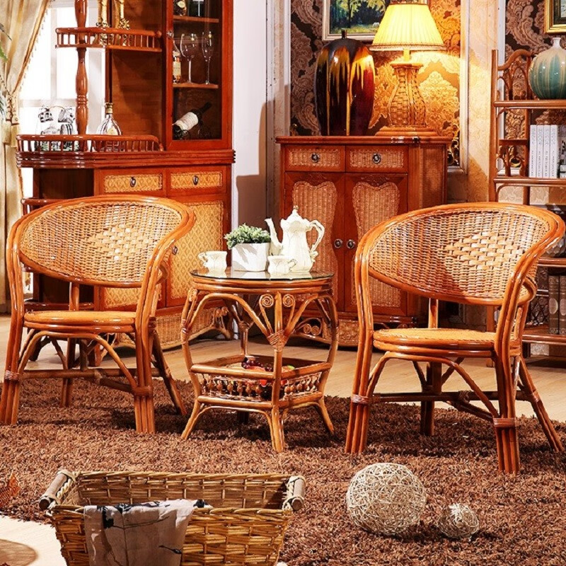 藤妃藤椅三件套茶几组合客厅实木靠背椅休闲藤编家具单人腾椅阳台桌椅