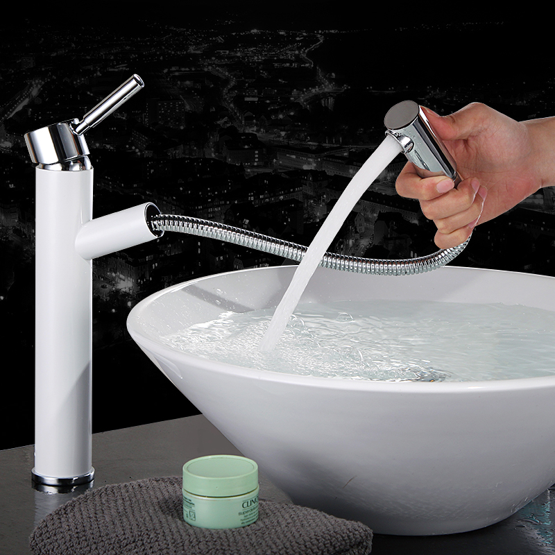 当代卫浴高档全铜抽拉式面盆水龙头冷热洗头床伸缩水龙头拉伸 铬色矮