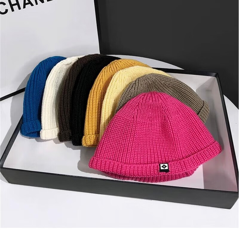 薄款无檐针织帽子男士女日系秋冬雅痞光头西瓜帽寸头瓜皮帽毛线帽 黑色