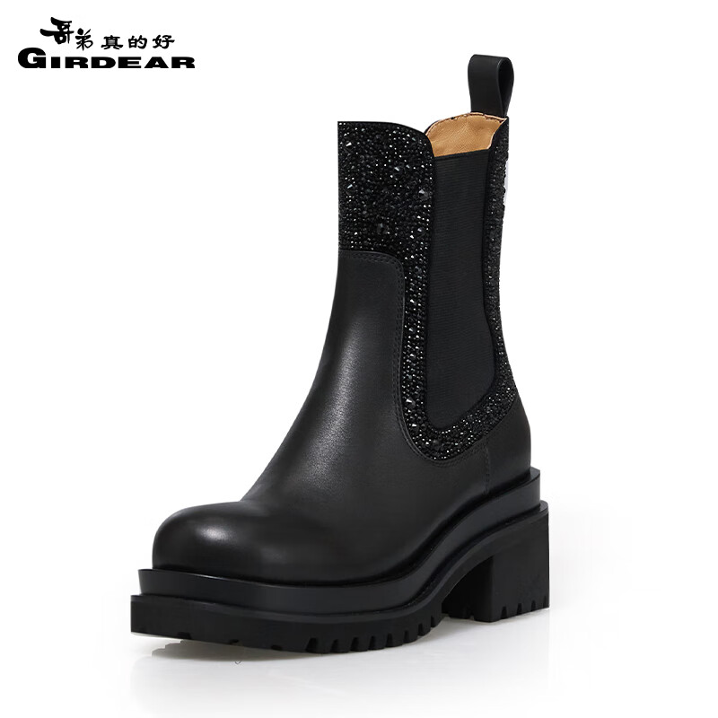 哥弟真的好女鞋时尚大气满天星一脚蹬高跟中筒烟管靴ax15199 黑 34