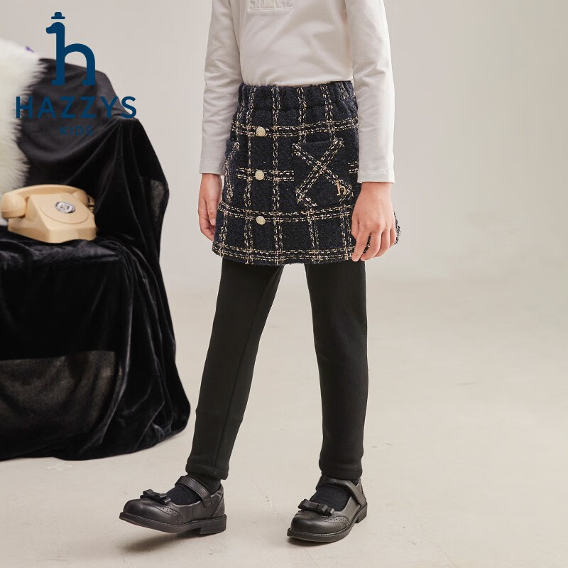 哈吉斯（HAZZYS）品牌童装女童打底裤冬新品弹力保暖加厚一体绒裙式打底裤 钻石黑 165