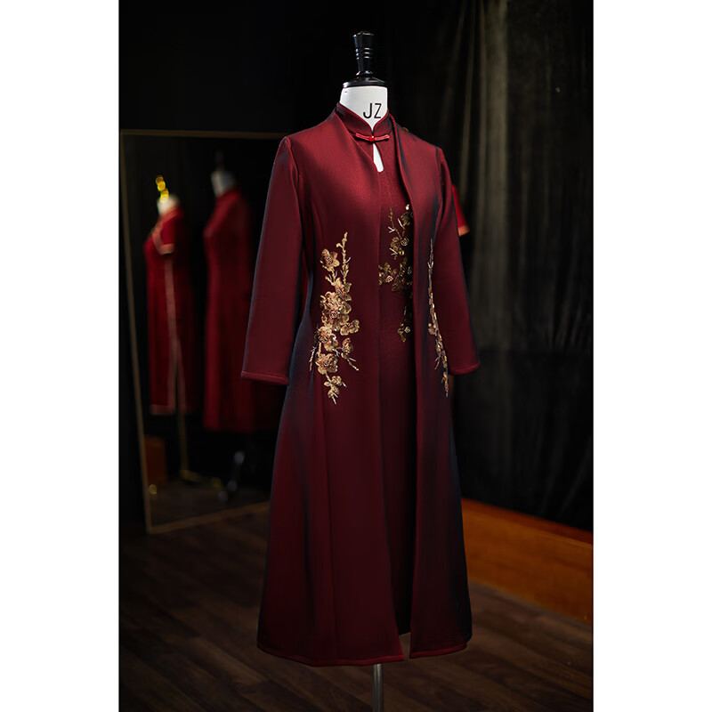 旗袍秋冬喜婆婆婚宴装长袖高贵披肩婚庆敬酒服 酒红色(满朝欢·外披)