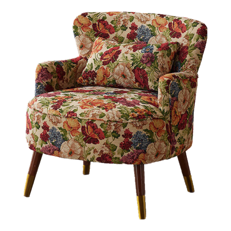 牧席復古單人沙發(fā)椅布藝小戶型客廳臥室民宿休閑實木懶人沙發(fā)桌椅組合 3-莫奈花園【透氣棉麻】 單人位