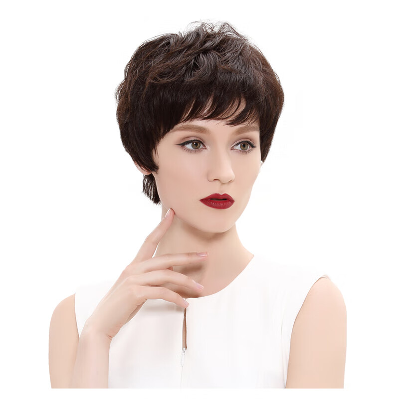 瑞贝卡(rebecca)中老年真发假发女士头套短发斜刘海短卷发顶遮白 4m