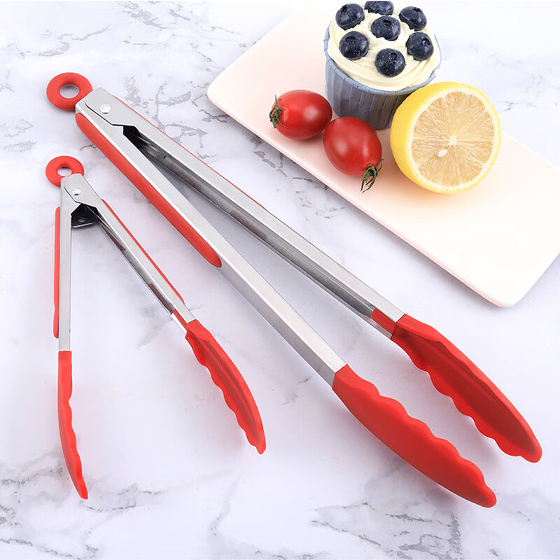 云独耐高温食品级防烫夹 硅胶食品夹牛排夹子食物烧肉夹 加长烧烤夹子 魅力红 大号12寸-33CM