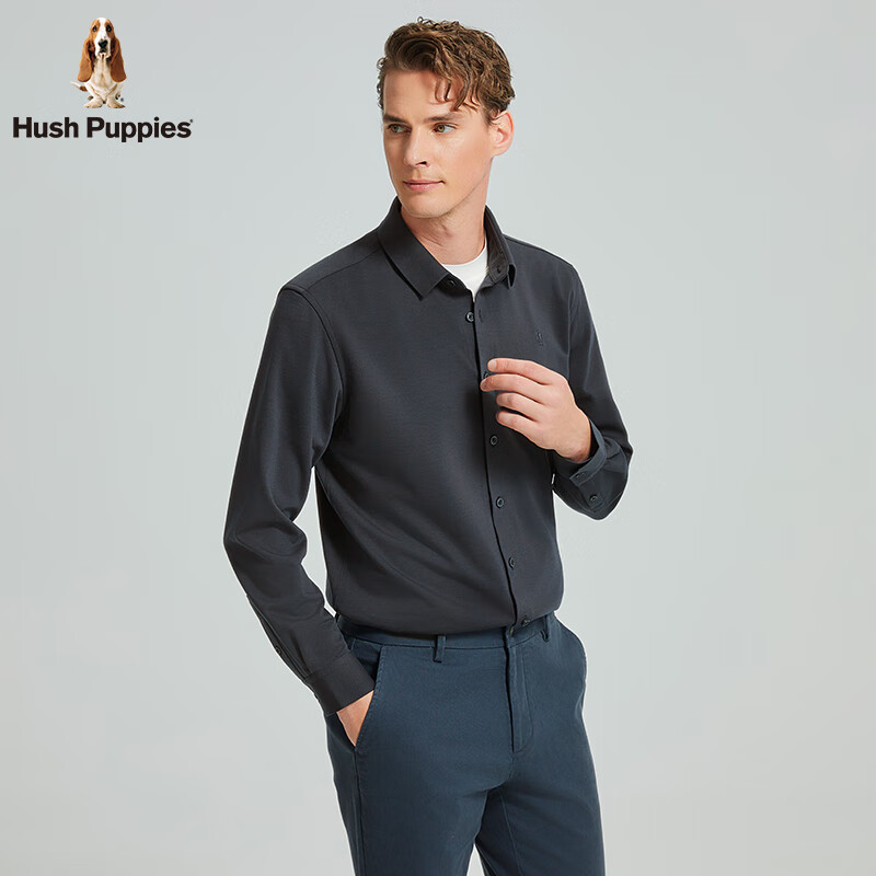 暇步士(Hush Puppies)【弹力保型】男装冬季蓄温保暖长袖衬衫 月光灰 L