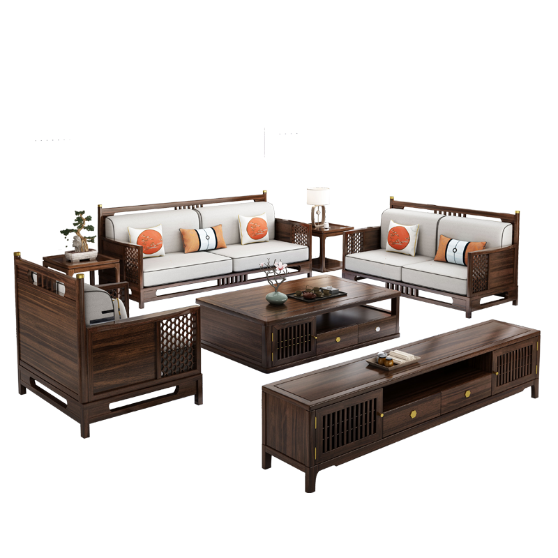 景腾 沙发 新中式沙发乌金木实木大小户型1+2+3组合套装木制沙发高端客厅家具 123沙发+茶几+电视柜