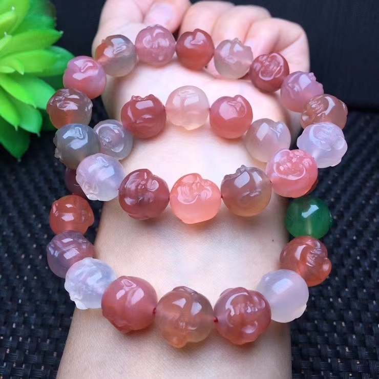 gmay 天然盐源玛瑙手链糖果色 七彩雕刻开口笑佛头单圈水晶手串男女