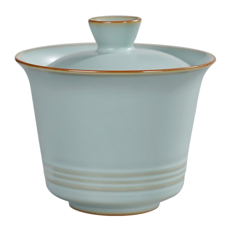 青澹汝窯蓋碗二才泡茶具可天青色景德鎮(zhèn)陶瓷家用全手工山水蓋碗 花見碟茶組