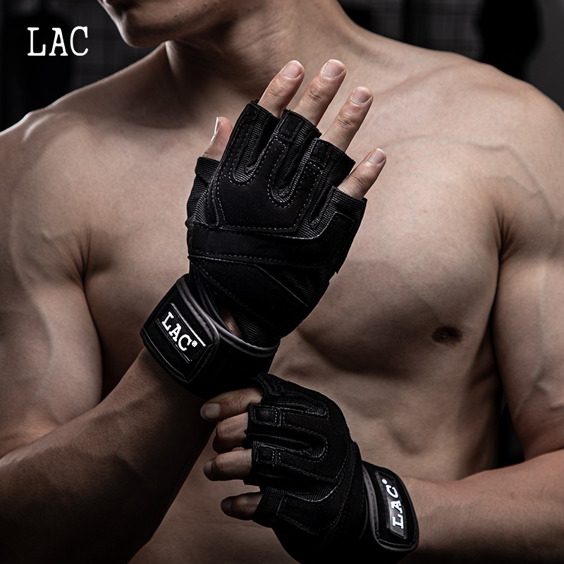 LAC健身手套 男女运动器械哑铃锻炼半指手套训练健身房加长护腕 防滑骑行手套 XL