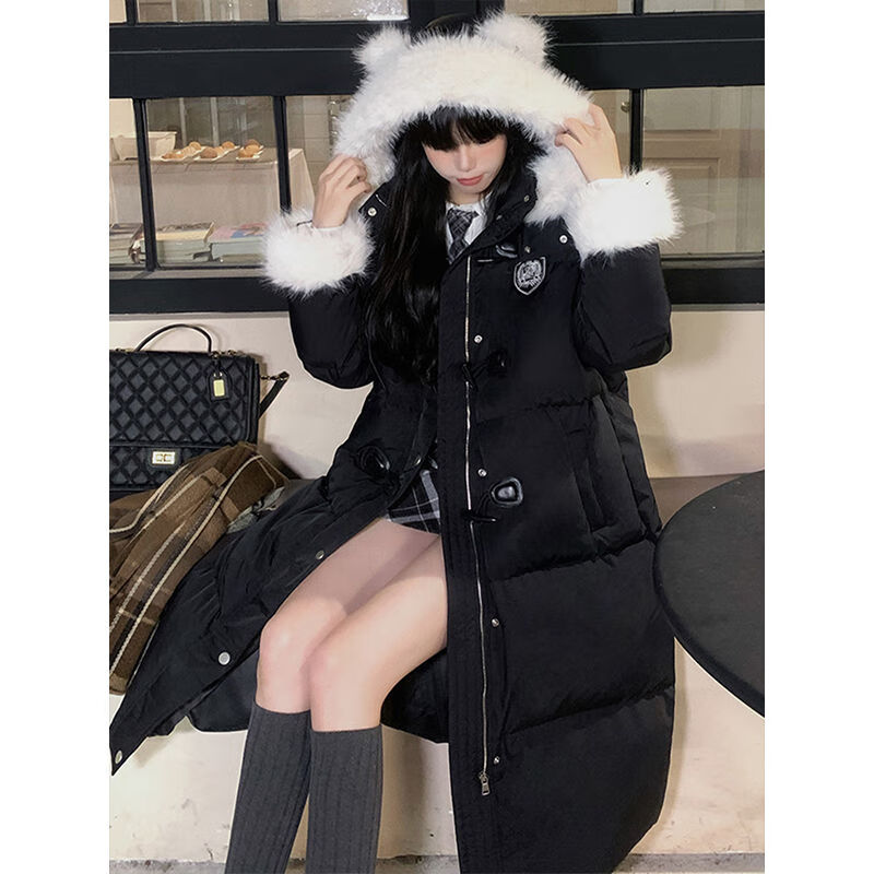 木兰旅a首单立减aurora羽绒服牛角扣毛领棉服女冬中长款过膝连帽外套