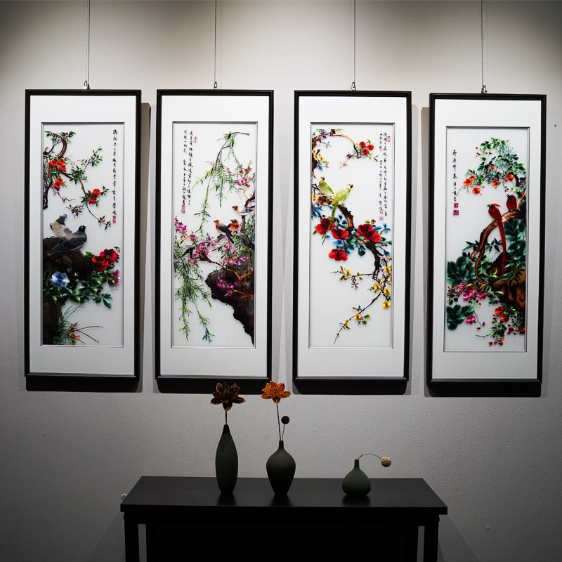 装饰画精品客厅沙发背景画颜栢龍花鸟名家画作刺绣新中式四联挂画苏绣
