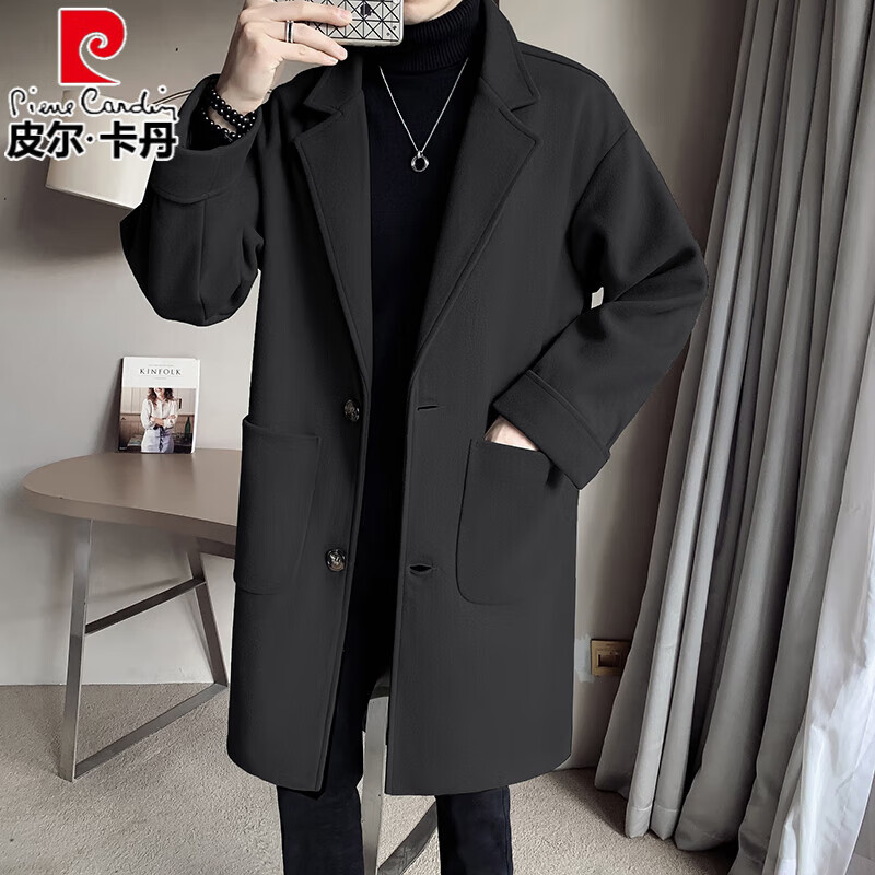 皮尔卡丹（pierre cardin）毛呢大衣男士春秋季潮流百搭休闲呢子帅气轻奢宽松外套风衣中长款 黑色 S