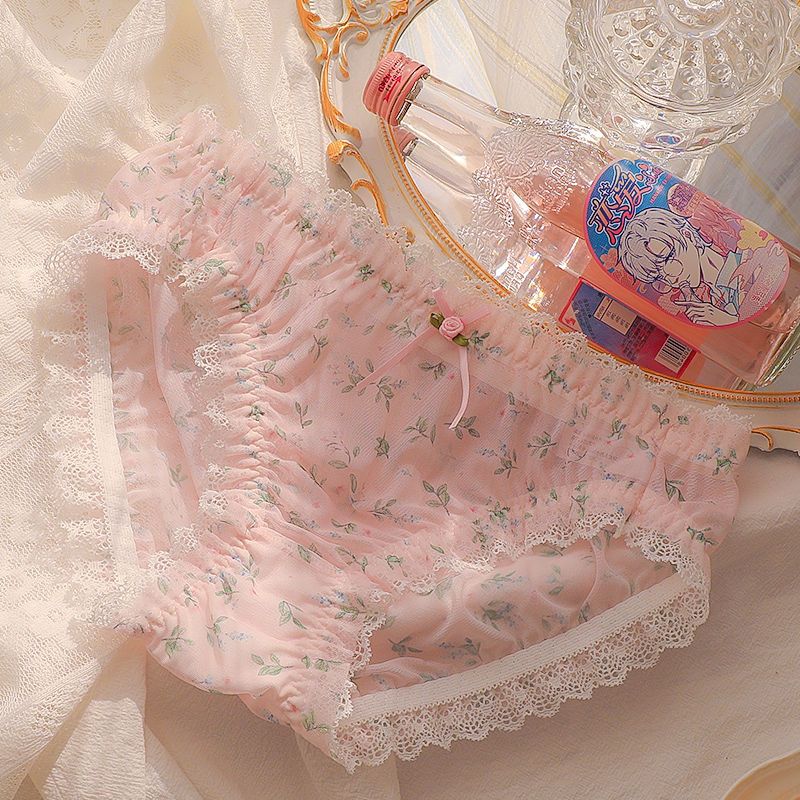 三角裤少女性感迷人写真小清新纯棉档甜美可爱蕾丝内裤女 粉色碎花 m