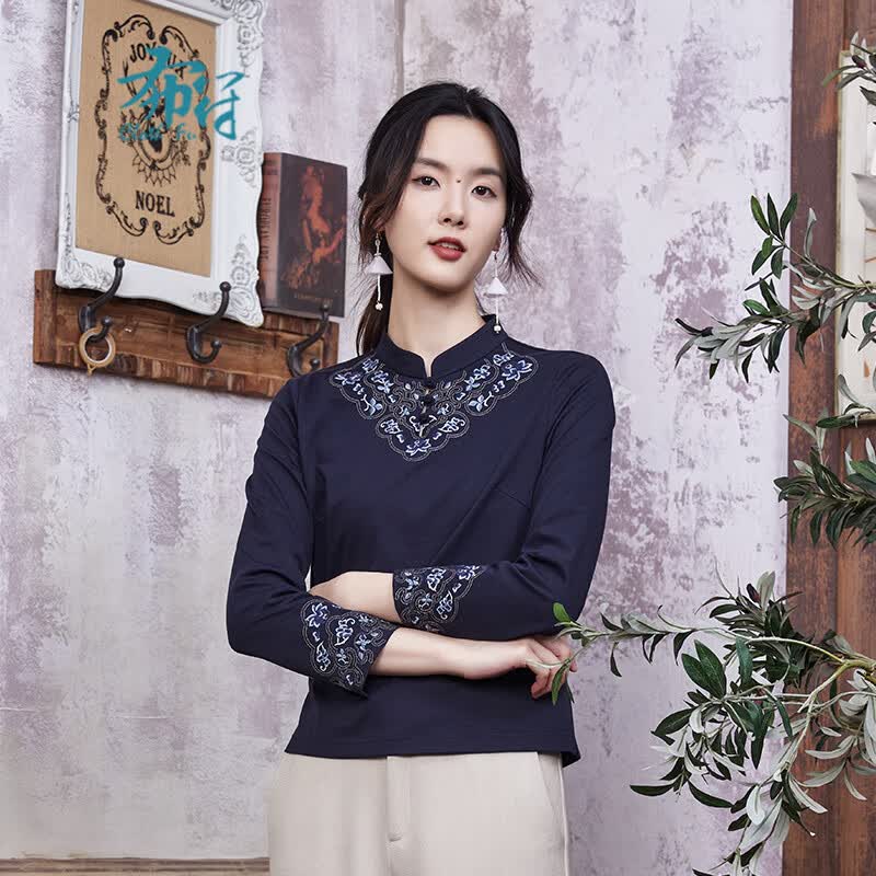 布符布符2023年秋新款旗袍上衣女手工盘扣中式茶艺重工刺绣休闲时尚 蓝色 L使用感如何?