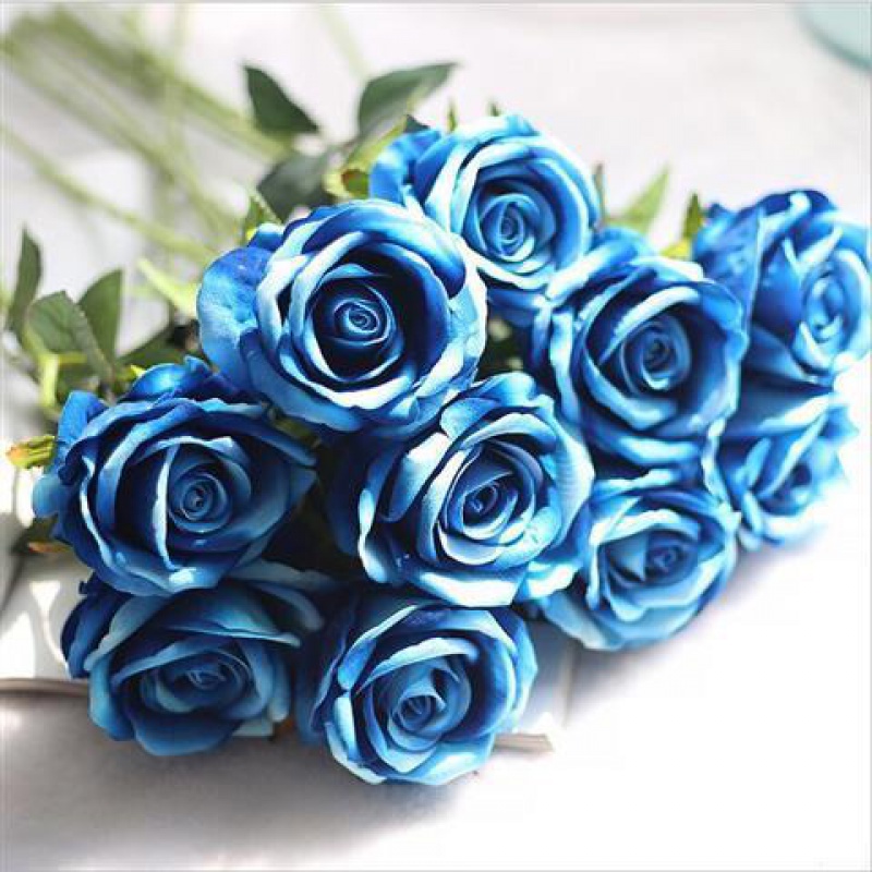 玫瑰花假花套装客厅餐桌装饰花干花花束摆件摆设花艺北极象 蓝色10支