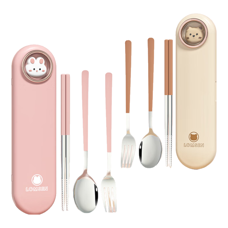 COOKSS兒童筷子勺子套裝便攜盒餐具小學(xué)生上學(xué)專用收納盒三件套外帶粉色