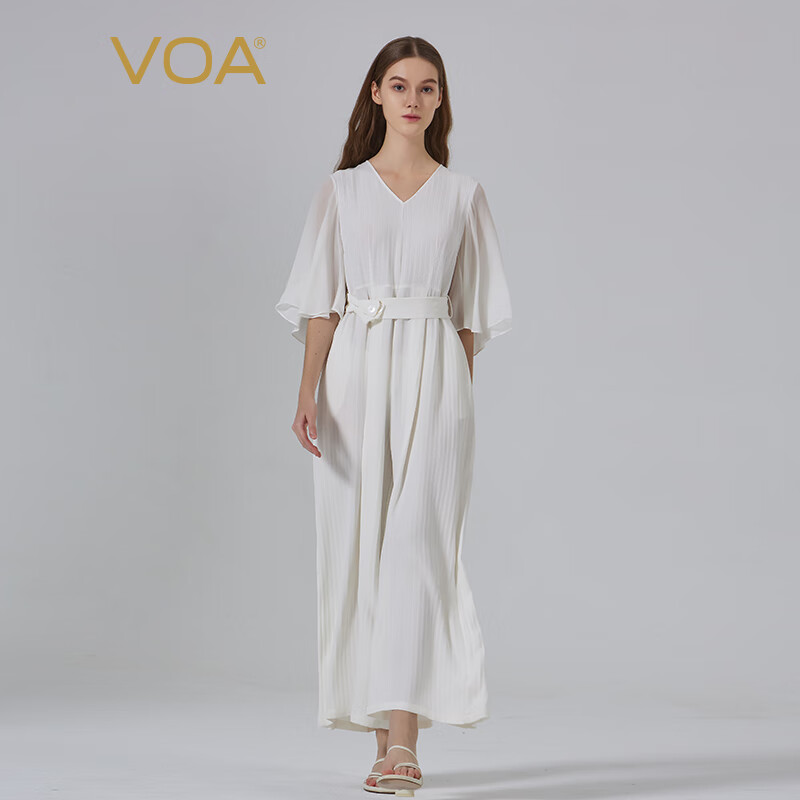 VOA重磅真丝41姆米无界微弹V领撞料拼接OL五分袖阔腿连体裤 KE299-2 条纹白玉（W02） S