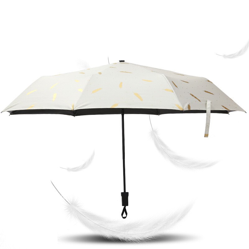 女士小清新折叠雨伞 加厚黑胶防晒伞 太阳伞学生加大晴雨伞 白色 三折-烫金羽毛