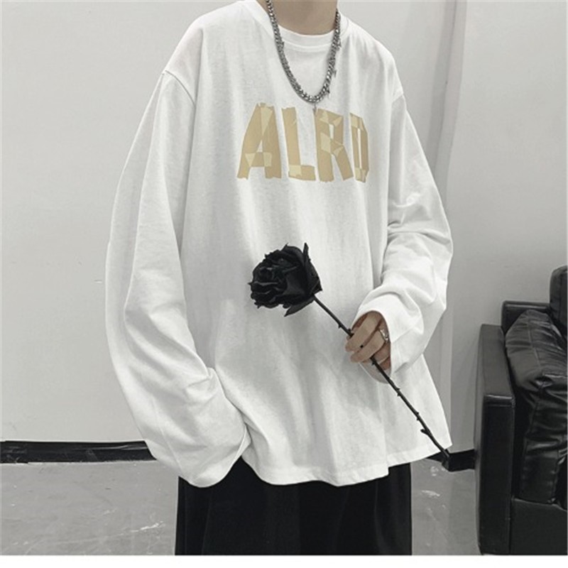 嘉晔胖子日系字母长袖t恤大码男装宽松痞帅秋季薄款嘻哈情侣t恤 白色