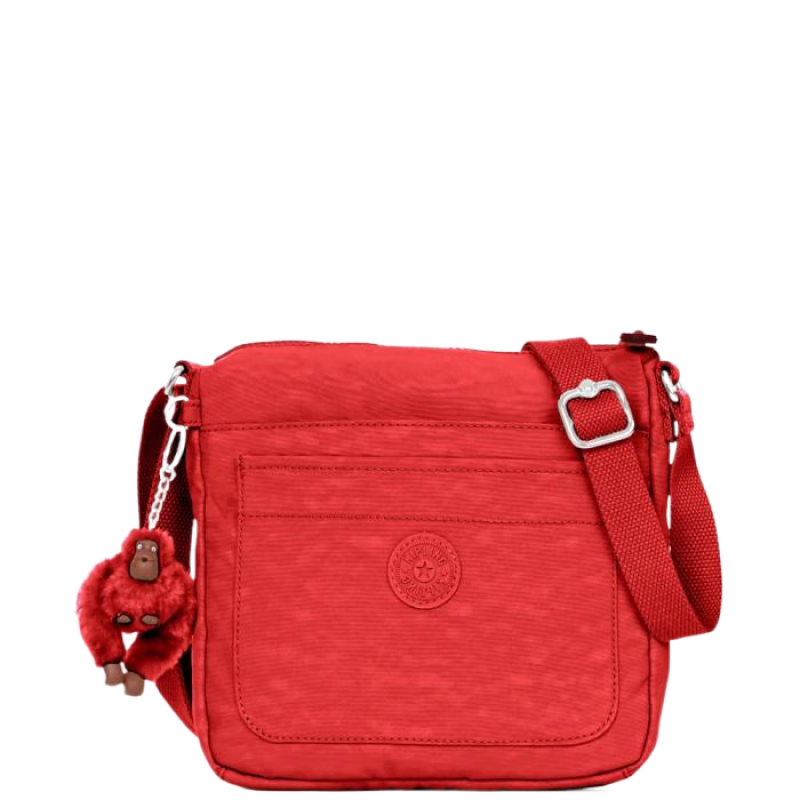 凱浦林(Kipling)女包奢侈品潮牌女士Sebastian滌綸斜挎包調節肩帶動(dòng)物鑰匙鏈配飾 Cherry Tonal/Silver os