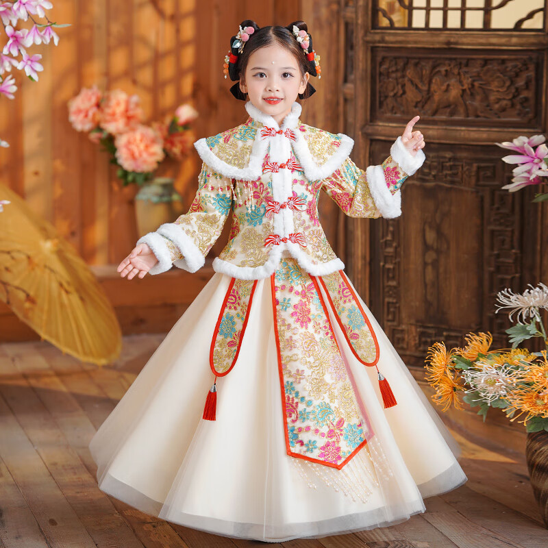 女童汉服冬季加厚套装古风公主裙女孩拜年服秋冬款中国风唐装旗袍 香槟色一套 160怎么样,好用不?