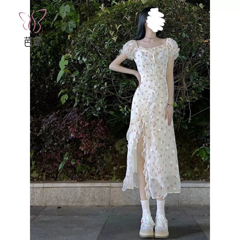 芭鳶茶歇法式方領一字肩露肩溫柔碎花連衣裙女不規(guī)則開叉收腰長裙子 圖片色 S 建議70-90斤