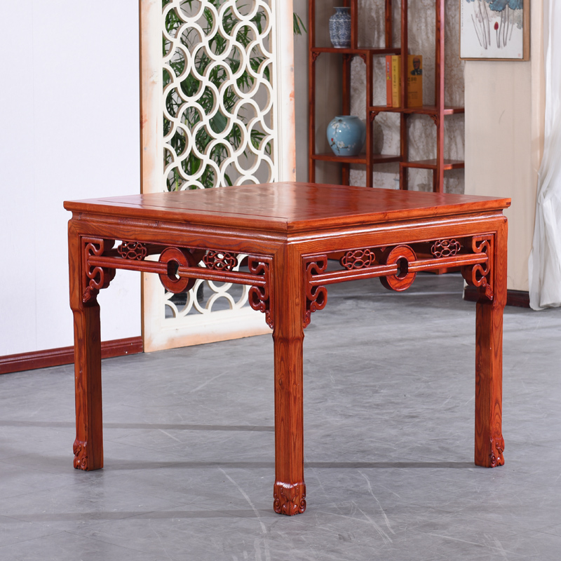 杭忠府古典家具铜钱八仙桌方桌实木明清仿古中式木餐桌椅凳组合农村