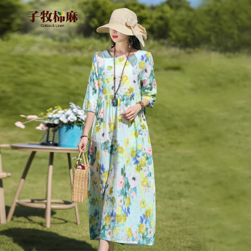 子牧棉麻夏装 女文艺民族风宽松显瘦圆领减龄连衣裙8170 绿色 xl(建议