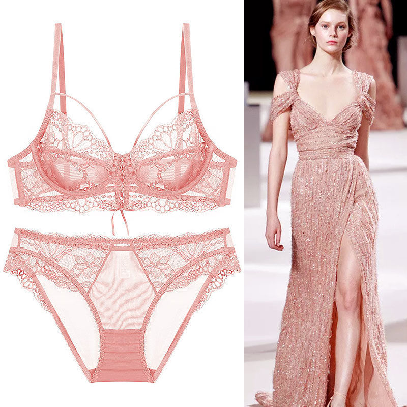 欧美薄蕾丝大胸显小大码内衣文胸套装新款女士胸罩的秘密 粉色 75b