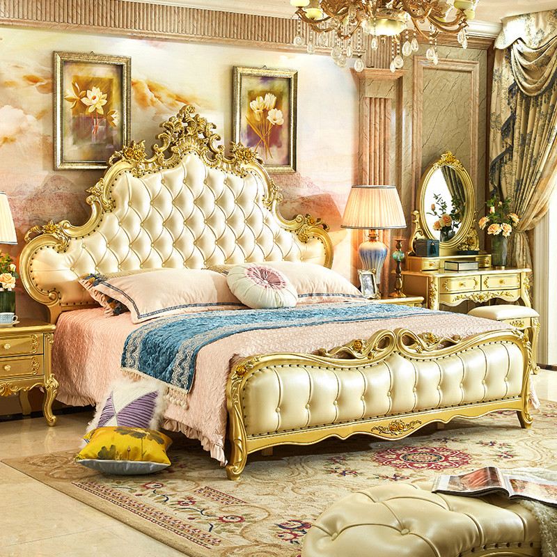 8米宫殿金色别墅实木雕花大床双人主卧公主轻奢婚床 床 乳胶椰棕垫