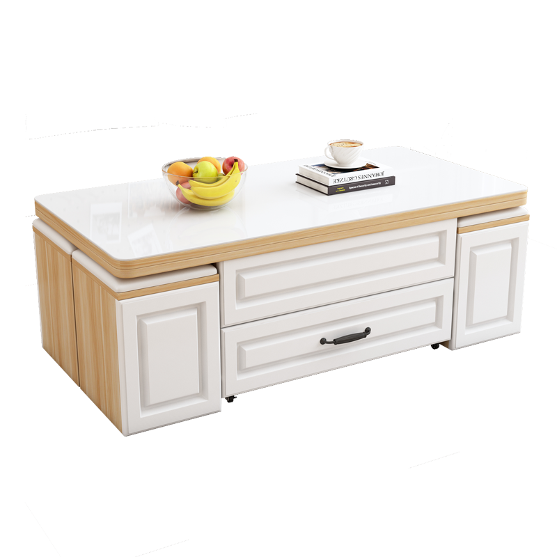 初暖 升降茶几饭桌两用小户型升降一体北欧现代简约客厅创意家具多功能折叠茶桌 山水钢化玻璃 1.2米茶几+4凳(环保密度板)