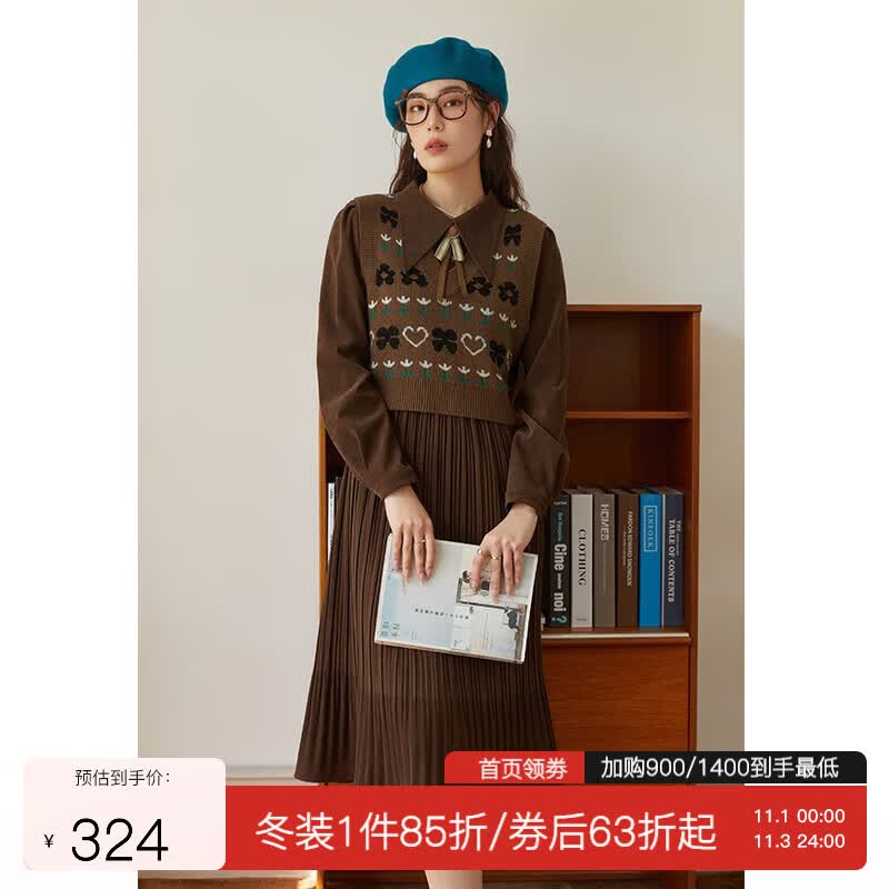 独束大码女装法式复古针织马甲两件套连衣裙秋冬温柔甜美叠穿内搭 咖啡棕 XL怎么看?