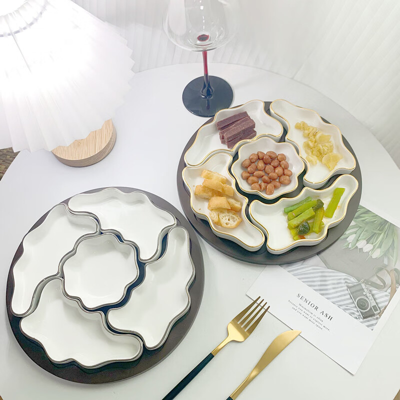 适用酒店金边位上冷菜餐前小菜拼碟分格小吃碟调料味碟火锅蘸料碟 元宝三格位上碟--金边