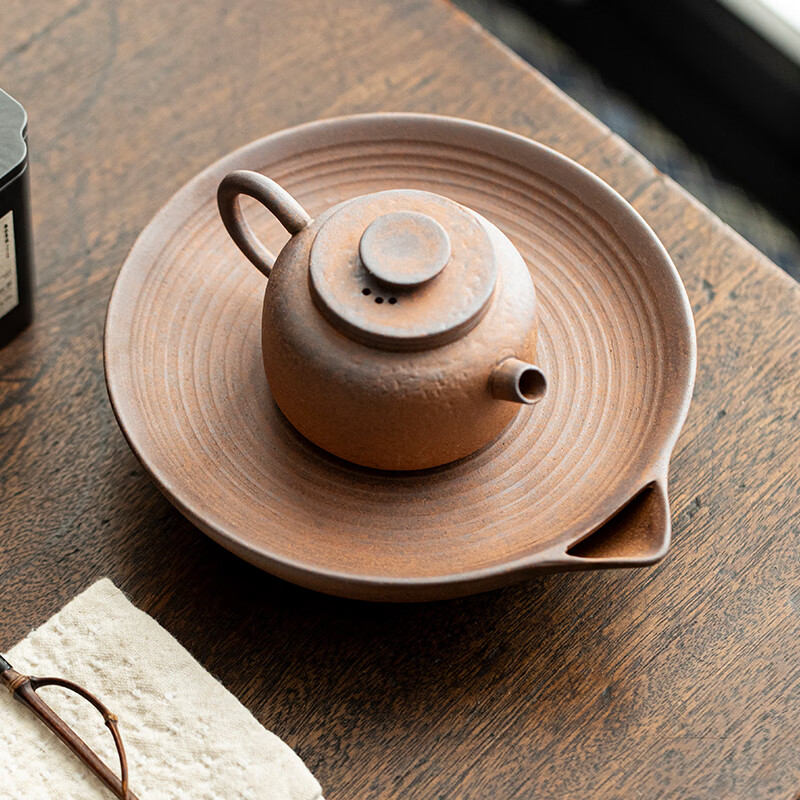 PJ川冶砚台蓄水壶承中式复古粗陶储水干泡盘紫砂老岩泥老岩泥海棠 贈壶垫