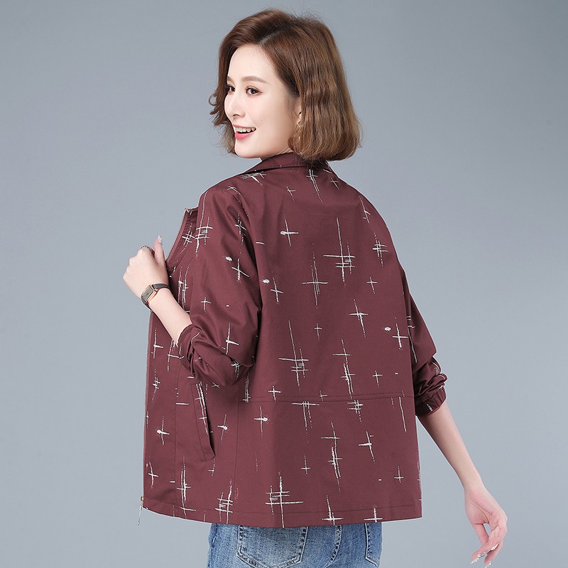 女装时尚印花短款外套女春秋休闲百搭中年妈妈装上衣小个子 豆沙红 m